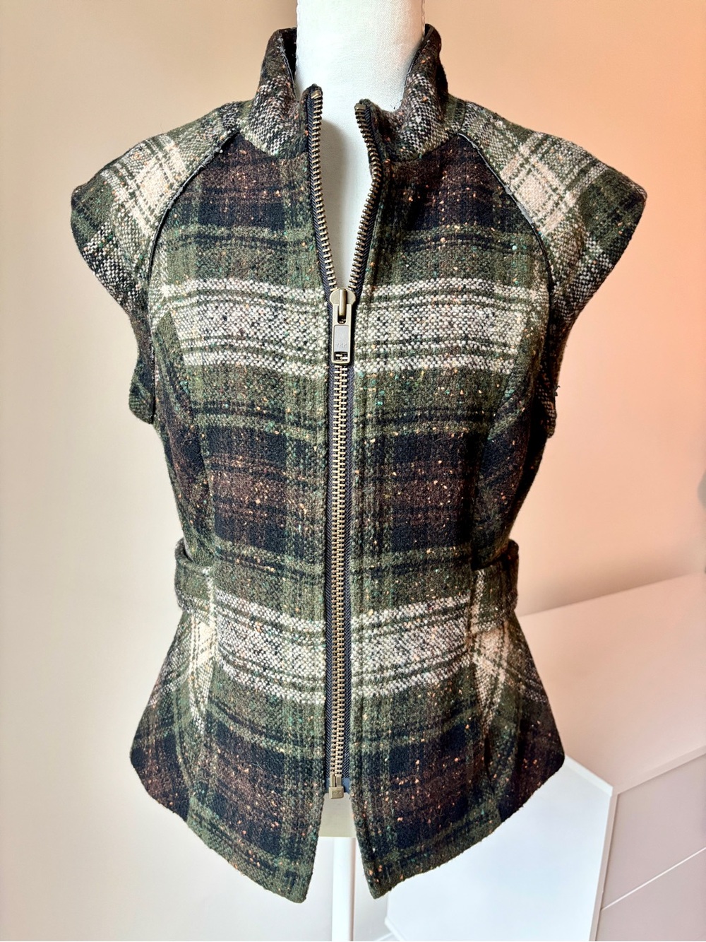 CAbi Green, Cream Black Plaid Zip Front Wool-Blend Vest - Size M